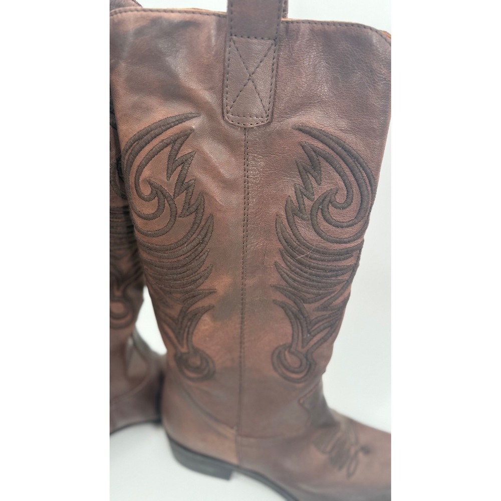 Grey Mer Italian Leather Western‎ Boots Women 41 Brown Embroidered Tall Country - Picture 4 of 14